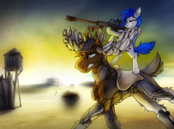 Size: 3482x2570 | Tagged: safe, artist:ralek, oc, oc only, oc:sapphire sights, moose, pony, fallout equestria, .50 cal, armor, barbed wire, bipedal, bipod, drive me closer, fluffy, frown, glare, gritted teeth, gun, hoof hold, m82a3, no trigger discipline, one eye closed, ponies riding ponies, rifle, running, saddle, scope, size difference, smirk, sniper, sniper rifle, tack, wasteland, weapon, wing hands, wink