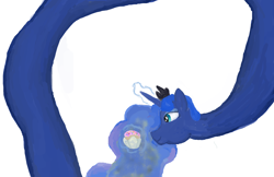 Size: 2000x1295 | Tagged: safe, artist:lupin quill, princess luna, alicorn, pony, cupcake, food, impossibly long neck, magic, necc, princess luneck, simple background, solo, telekinesis, wat, white background