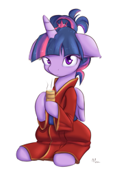 Size: 659x880 | Tagged: safe, artist:alasou, derpibooru import, twilight sparkle, twilight sparkle (alicorn), alicorn, pony, alternate hairstyle, female, kimono (clothing), mare, solo, tea