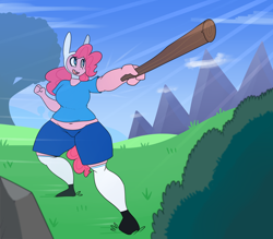 Size: 1280x1120 | Tagged: safe, artist:somescrub, pinkie pie, anthro, plantigrade anthro, adventure time, belly button, clothes, costume, finn the human, hugtastic pinkie pie, solo, stick