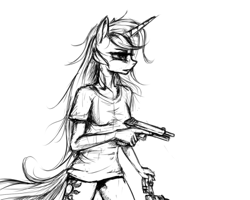 Size: 579x464 | Tagged: safe, artist:madhotaru, princess celestia, anthro, gun, monochrome, solo, trigger discipline