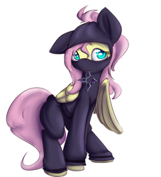 Size: 796x876 | Tagged: safe, artist:alasou, derpibooru import, fluttershy, pegasus, pony, badass, badass adorable, clothes, cute, flutterbadass, kunoichi, mouth hold, ninja, shuriken, shyabetes, solo