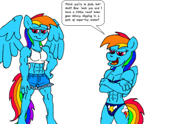 Size: 1024x745 | Tagged: safe, artist:dragonboi471, derpibooru import, rainbow dash, anthro, abs, clothes, daisy dukes, fetish, muscle fetish, muscles, rainbuff dash, solo, tanktop