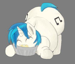 Size: 599x518 | Tagged: safe, artist:lupin quill, dj pon-3, vinyl scratch, pony, unicorn, both cutie marks, eyes closed, fat, food, messy eating, pie tin, simple background, solo, vinyl fat