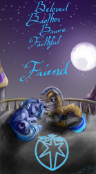 Size: 2500x4500 | Tagged: safe, artist:silfoe, derpibooru import, princess luna, shining armor, alicorn, pony, unicorn, crying, curled up, eyes closed, friendshipping, frown, gritted teeth, moon, on side, prone, s1 luna, sad