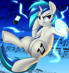 Size: 1374x1448 | Tagged: safe, artist:january3rd, dj pon-3, vinyl scratch, pony, unicorn, electricity, headphones, listening, music, music player, solo, wub