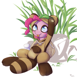 Size: 1100x1100 | Tagged: safe, artist:alasou, derpibooru import, pinkie pie, earth pony, pony, tanooki, animal costume, clothes, costume, cute, kigurumi, leaf, solo