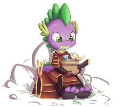 Size: 1024x896 | Tagged: safe, artist:alasou, derpibooru import, spike, bird, dragon, armor, palindrome get, samurai, solo