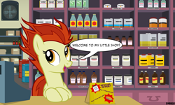 Size: 4200x2520 | Tagged: safe, artist:a4r91n, oc, oc only, oc:para focului, earth pony, pony, advertising, alcohol, barrels, bottle, cash register, counter, fan, food, jar, looking at you, shelf, shop