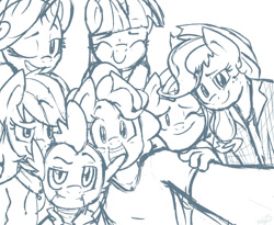 Size: 1230x1009 | Tagged: safe, artist:nolycs, derpibooru import, applejack, fluttershy, pinkie pie, rainbow dash, rarity, spike, twilight sparkle, anthro, earth pony, pony, lineart, mane seven, mane six, monochrome, selfie