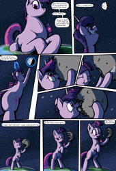 Size: 2000x2933 | Tagged: safe, artist:shieltar, part of a series, part of a set, twilight sparkle, unicorn twilight, pony, unicorn, comic:giant twilight, atmosphere, comic, debris, dialogue, eating, edible heavenly object, giant pony, growth, happy, macro, magic, moon, planet, space, stars, tangible heavenly object, tongue out