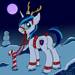 Size: 2000x2000 | Tagged: safe, alternate version, artist:meowcephei, gleaming shield, shining armor, deer, pony, reindeer, unicorn, ankle bracelet, antlers, bridle, christmas, harness, headband, night, plot, reins, rule 63, santa claus, snow, snowman, solo, tail wrap, winter, ych result