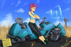 Size: 1500x1000 | Tagged: safe, artist:madhotaru, scootaloo, human, belly button, dieselpunk, hoverbike, humanized, midriff, motorcycle, solo