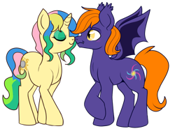 Size: 600x450 | Tagged: safe, artist:lulubell, derpibooru import, oc, oc only, bat pony, pony, unicorn, boop, eyes closed, fangs, female, male, nervous, noseboop, nuzzling, raised hoof, scrunchy face, shipping, simple background, smiling, spread wings, straight, transparent background