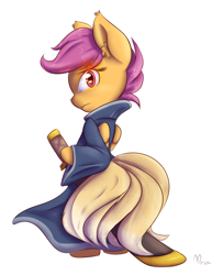 Size: 708x919 | Tagged: safe, artist:alasou, derpibooru import, scootaloo, fox pony, hybrid, pony, battle stance, bipedal, cape, clothes, fox tails, frown, glare, kitsune pony, looking at you, looking back, multiple tails, robe, ronin, samurai, solo, sword, wings