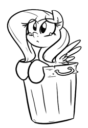 Size: 337x489 | Tagged: safe, artist:shoutingisfun, fluttershy, pegasus, pony, :<, crying, female, frown, leaning, looking up, mare, monochrome, sad, solo, spread wings, trash can, wings, your waifu is trash