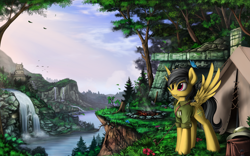 Size: 2000x1250 | Tagged: safe, artist:yakovlev-vad, derpibooru import, daring do, butterfly, pegasus, pony, campfire, clothes, cloud, female, flower, grass, mare, river, ruins, scenery, scenery porn, sky, solo, sunrise, tent, tree, waterfall