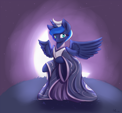 Size: 1450x1350 | Tagged: safe, artist:alasou, derpibooru import, princess luna, alicorn, pony, bipedal, clothes, dress, kimono (clothing), looking at you, moon, night, smiling, solo, spread wings