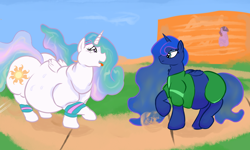 Size: 2500x1500 | Tagged: safe, artist:lupin quill, princess celestia, princess luna, twilight sparkle, alicorn, pony, belly, chubbylestia, clothes, dust, etc excessive, exercise, fat, panting, princess moonpig, royal sisters, running, sweat, sweatband, sweatdrop, tracksuit