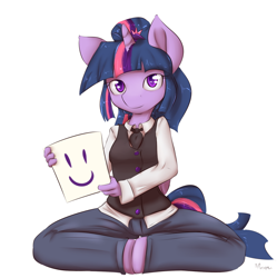 Size: 844x846 | Tagged: safe, artist:alasou, derpibooru import, twilight sparkle, anthro, clothes, jeans, looking at you, sitting, smiley face, solo