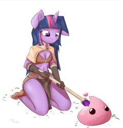 Size: 972x1012 | Tagged: safe, artist:alasou, derpibooru import, twilight sparkle, anthro, :3, belly button, cleavage, crossover, female, midriff, poring, ragnarok online