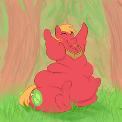 Size: 1500x1500 | Tagged: safe, artist:lupin quill, big macintosh, earth pony, pony, belly, belly button, bhm, big belly, bigger macintosh, chest fluff, chubby cheeks, double chin, eyes closed, fat, fat legs, grass, male, moobs, neck fat, neck roll, obese, rolls of fat, solo, stallion, thick legs, tree