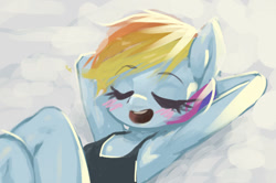 Size: 900x597 | Tagged: safe, artist:frali, derpibooru import, rainbow dash, anthro, armpits, blushing, cloud, cloudy, resting, solo