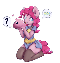 Size: 902x943 | Tagged: safe, artist:alasou, derpibooru import, pinkie pie, anthro, earth pony, unguligrade anthro, candy, clothes, crossover, female, kneeling, licking, pictogram, poring, question mark, ragnarok online, smiling, thigh highs, tongue out