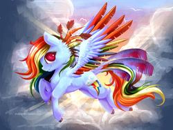 Size: 1200x900 | Tagged: safe, artist:evehly, derpibooru import, rainbow dash, pegasus, pony, backlighting, colored wings, flying, multicolored wings, rainbow wings, solo, unshorn fetlocks