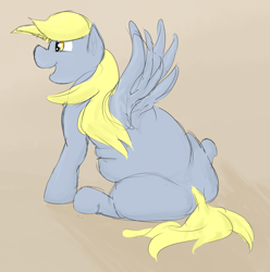 Size: 1415x1428 | Tagged: safe, artist:lupin quill, derpy hooves, pegasus, pony, aderpose, chubby, fat, female, mare, missing cutie mark, simple background, sitting, solo