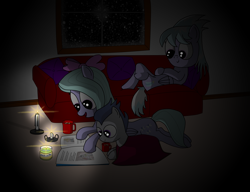 Size: 2986x2298 | Tagged: safe, artist:sweetbrew, cloudchaser, flitter, rumble, blanket, candle, crossed legs, dark, female, flitterumble, indoors, male, night, prone, reading, shipping, snow, sofa, straight, straight shota