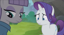 Size: 1280x711 | Tagged: safe, screencap, maud pie, rarity, pony, unicorn, the gift of the maud pie, scrunchy face