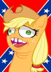 Size: 636x900 | Tagged: safe, artist:curtsibling, derpibooru import, applejack, earth pony, pony, bigotjack, confederate flag, cowboy hat, derp, downvote bait, edgy, female, hat, mare, mouthpiece, op is a cuck, op is trying to start shit, out of character, redneck, stereotype