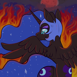 Size: 500x500 | Tagged: safe, artist:lulubell, derpibooru import, nightmare moon, fire, solo