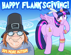 Size: 1280x991 | Tagged: safe, artist:curtsibling, twilight sparkle, twilight sparkle (alicorn), alicorn, human, pony, 20%, ableism, autism, brony hater, clothes, curtsibling strikes again, feather, female, hat, holiday, male, mare, native american, pilgrim hat, plot, shirt, squaw, thanksgiving, twilight squaw