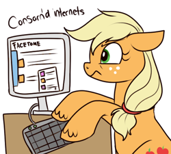 Size: 451x405 | Tagged: safe, artist:lulubell, derpibooru import, applejack, earth pony, pony, computer, solo