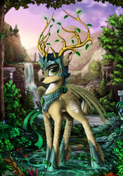 Size: 1750x2500 | Tagged: safe, artist:yakovlev-vad, derpibooru import, oc, oc only, oc:prince vernalis, deer, original species, peryton, branches for antlers, chest fluff, crown, detailed, eikerren, flower, hoof shoes, leaf, leg fluff, mountain, necklace, ruins, scenery, solo, waterfall, wings