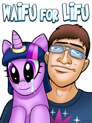 Size: 673x900 | Tagged: safe, artist:curtsibling, twilight sparkle, pony, adam's apple, brony, brown hair, clothes, eyebrows, eyelashes, forever alone, glasses, horn ring, jin, jin15, living object, marriage, meme, ring, shirt, simple background, stitches, t-shirt, teary eyes, text, transparent background, waifu, wat, white people, why, zit