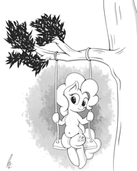 Size: 1024x1280 | Tagged: dead source, safe, artist:andelai, pinkie pie, earth pony, pony, belly, belly button, chubby, cute, fat, female, monochrome, pudgy pie, smiling, solo, swing, tree, tree branch