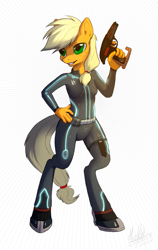 Size: 587x929 | Tagged: safe, artist:hioshiru, derpibooru import, applejack, anthro, earth pony, pony, unguligrade anthro, gun, no trigger discipline, solo, weapon