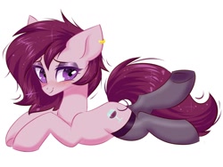 Size: 1200x900 | Tagged: safe, artist:hydrargyrum, oc, oc only, oc:burgundy chalice, earth pony, pony, blushing, clothes, ear piercing, earring, jewelry, lidded eyes, piercing, simple background, smiling, solo, stockings, sultry pose, thigh highs, underhoof, white background