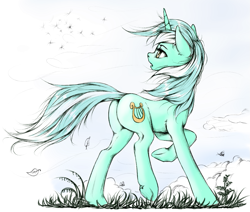 Size: 1177x1000 | Tagged: safe, artist:madhotaru, lyra heartstrings, pony, unicorn, female, grass, mare, open mouth, plot, solo, windswept mane