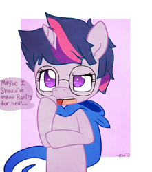 Size: 689x781 | Tagged: safe, artist:higglytownhero, derpibooru import, twilight sparkle, alternate hairstyle, crossover, glasses, homestuck, john egbert, open mouth, raised eyebrow, short hair, solo, thinking