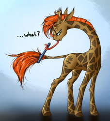 Size: 906x1000 | Tagged: safe, artist:madhotaru, oc, oc only, oc:twiggy, giraffe, comb, prehensile tongue, solo, tongue hold, tongue out