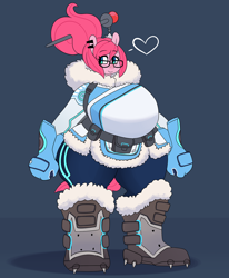 Size: 1280x1551 | Tagged: safe, artist:somescrub, pinkie pie, anthro, big breasts, breasts, clothes, cosplay, costume, female, glasses, heart, huge breasts, hugtastic pinkie pie, mei, overwatch, pinkie pies, smiling, thunder thighs, wide hips