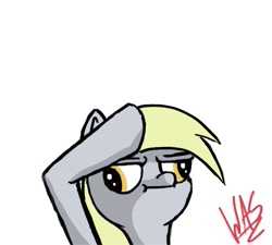 Size: 662x596 | Tagged: dead source, safe, artist:greyscaleart, derpibooru import, derpy hooves, pegasus, pony, :i, derp, female, mare, portrait, salute, serious, serious face, signature, silly, simple background, solo, white background