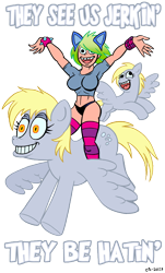 Size: 542x900 | Tagged: safe, artist:curtsibling, derpy hooves, oc, oc:jerky hooves, oc:pegaslut, pegasus, pony, awesome face, female, mare