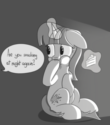 Size: 800x908 | Tagged: safe, artist:andelai, twilight sparkle, cake, food, grayscale, monochrome, offscreen character, simple background, sitting, solo, speech bubble, this will end in weight gain