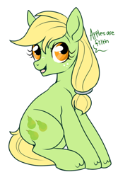 Size: 400x544 | Tagged: safe, artist:lulubell, derpibooru import, applejack, earth pony, pony, blasphemy, evil twin, fruit heresy, heresy, hilarious in hindsight, looking up, open mouth, pear, pearjack, simple background, sitting, smiling, solo, white background