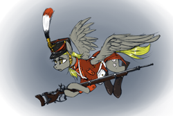 Size: 1000x666 | Tagged: safe, artist:madhotaru, derpy hooves, pegasus, pony, clothes, female, gun, hat, mare, military, musket, shako, solo, uniform